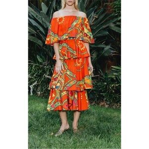 New RHODE Red Floral Print Tiered Midi Dress *FLAW* zipper needs replacing